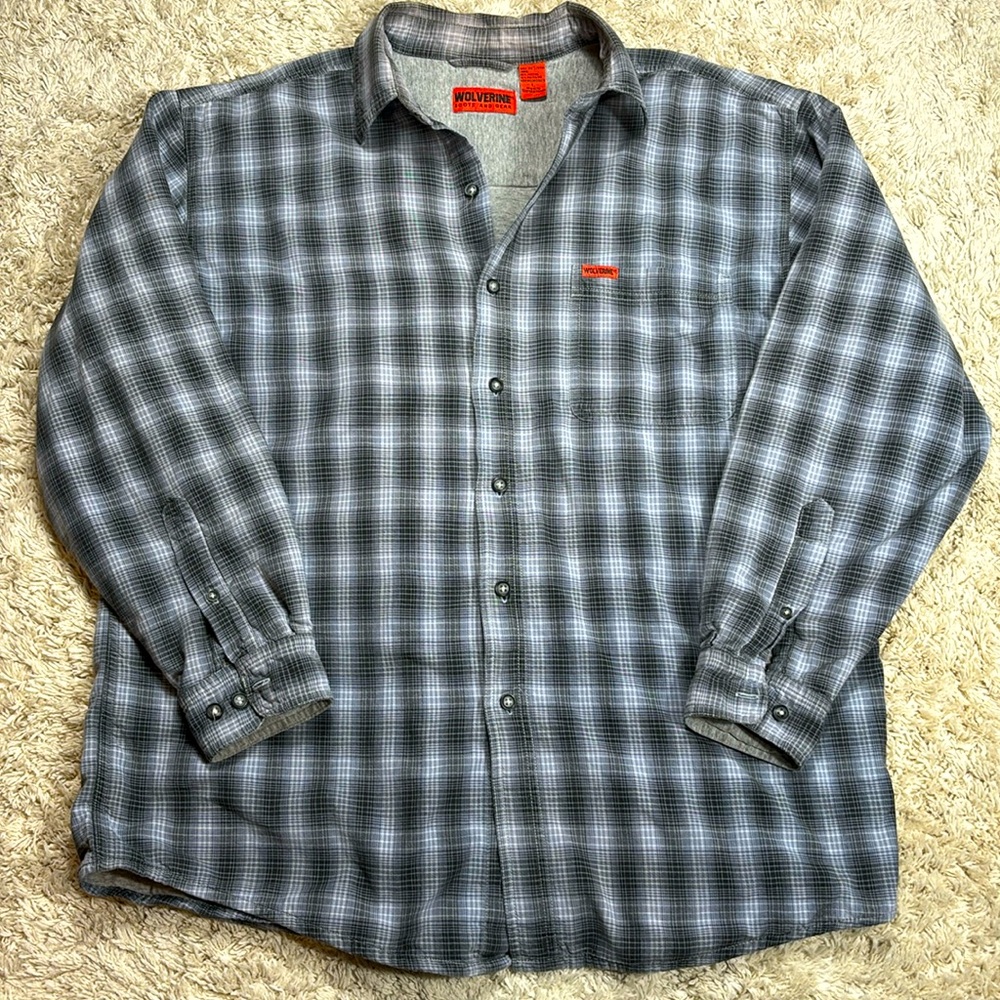 Wolverine Jersey Lined Men's Long Sleeved Button Down Shirt, Blue/Grey Plaid, LG